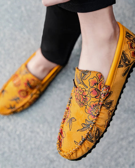 Men's Flower-Printed Faux Leather Slip-On Loafers - Stylish and Comfortable Men's Shoes