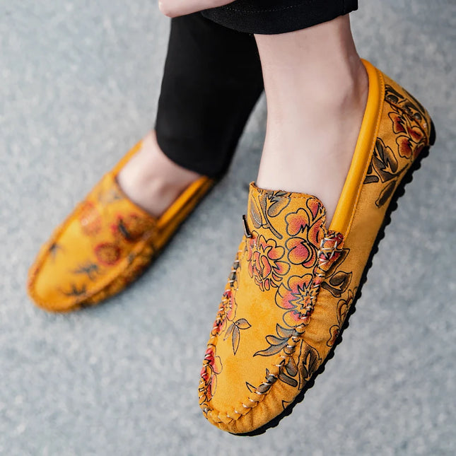 Men's Flower-Printed Faux Leather Slip-On Loafers - Stylish and Comfortable Men's Shoes