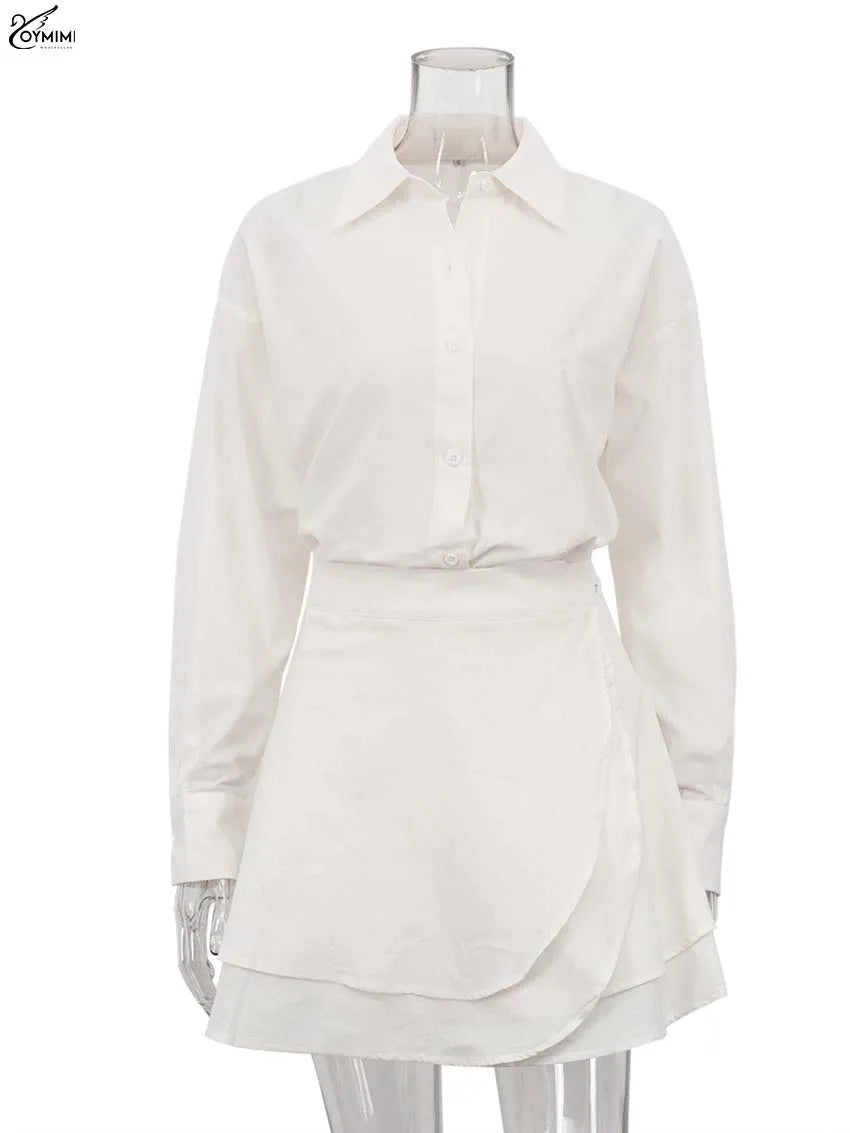 Elegant Women's Two-Piece Set – Long Sleeve Button Shirt & High-Waisted Lace-Up Mini Skirt