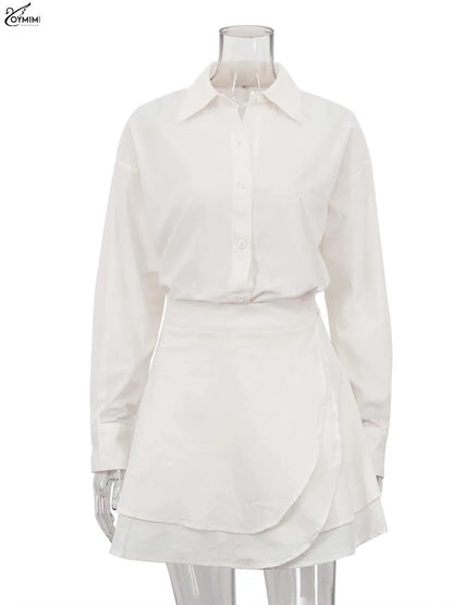 Elegant Women's Two-Piece Set – Long Sleeve Button Shirt & High-Waisted Lace-Up Mini Skirt