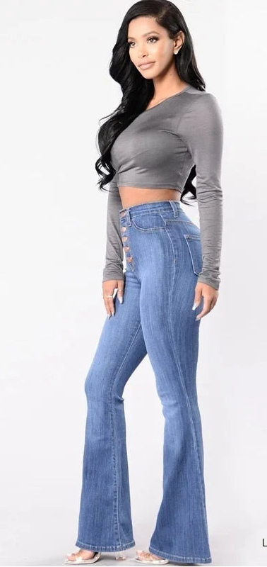 A model wears light blue high-waisted flare jeans with button details on the front. The left side shows the full-body model, while the right side displays three smaller color options labeled Black, Dark Blue, and Grey, each showing the same jeans style on a cropped body.