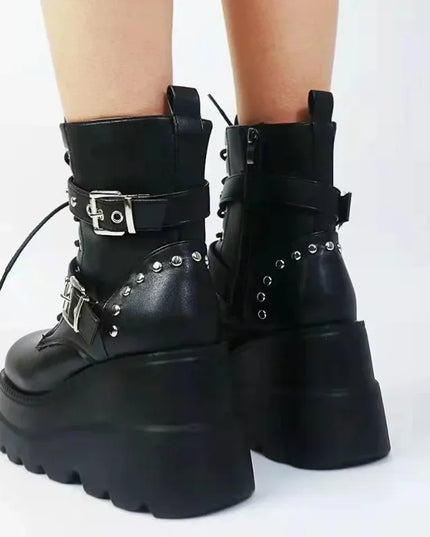 Women's Faux Leather Ankle Boots with Round Toe & Lace-Up Design