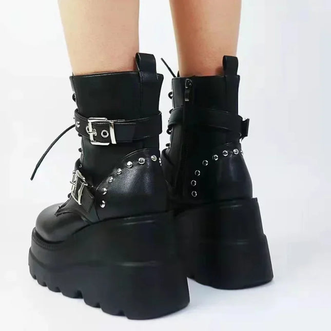 Women's Faux Leather Ankle Boots with Round Toe & Lace-Up Design
