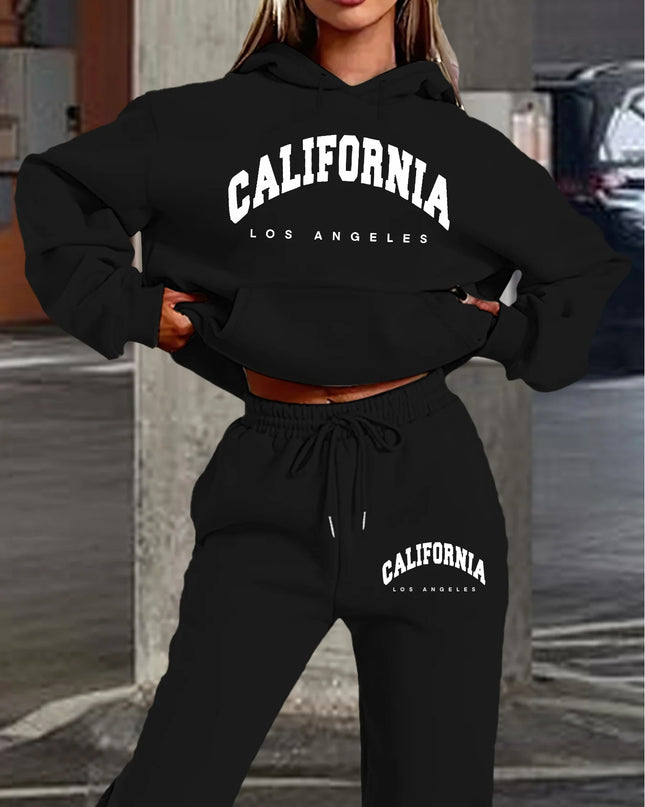 Women's Casual California Los Angeles Letter Print Hoodie and Drawstring Jogger Set