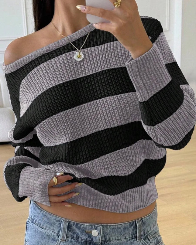 Women's Striped Knitted Sweater with Round Neck