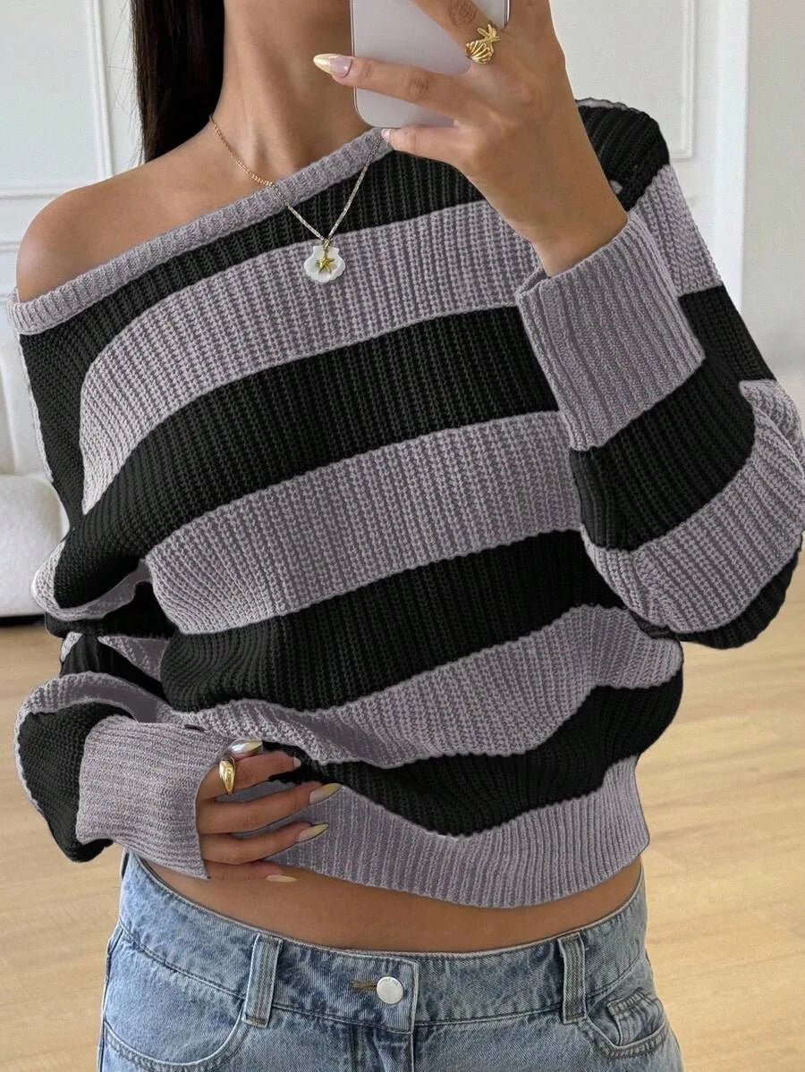Women's Striped Knitted Sweater with Round Neck