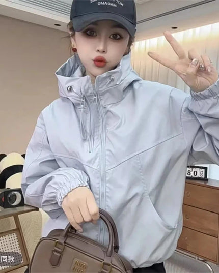 Women's Hooded Short Jacket with Double Zipper - Loose Fit
