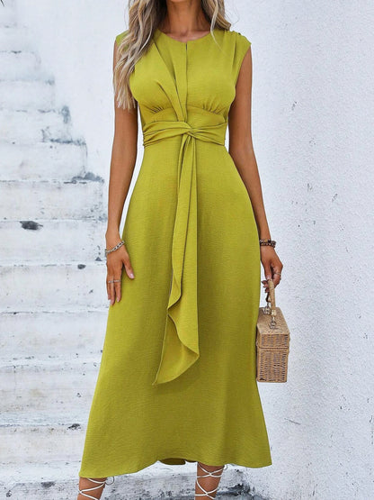 Women's Elegant Belted Midi Dress with Thin Front Straps