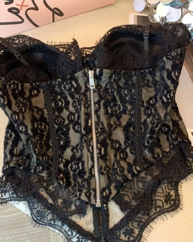 Women's Elegant Sheer Lace Camisole with Sleeveless Fishbone Design