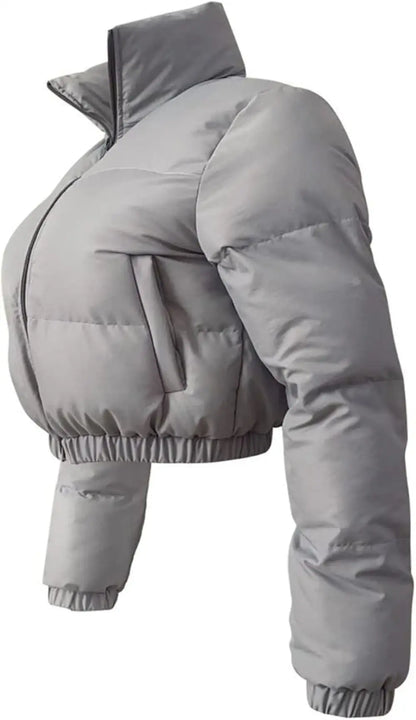 Women's Cropped Puffer Jacket - Casual Zip-Up Cotton Jacket with Padding