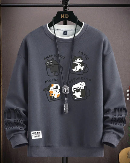 Men's Sweater with Japanese Cartoon Cat Print - Various Colors