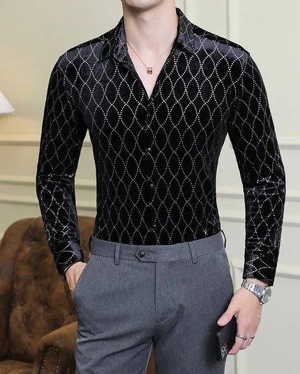 Luxury Velvet Men's Slim Fit Shirt with Grid Pattern