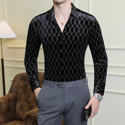 Luxury Velvet Men's Slim Fit Shirt with Grid Pattern