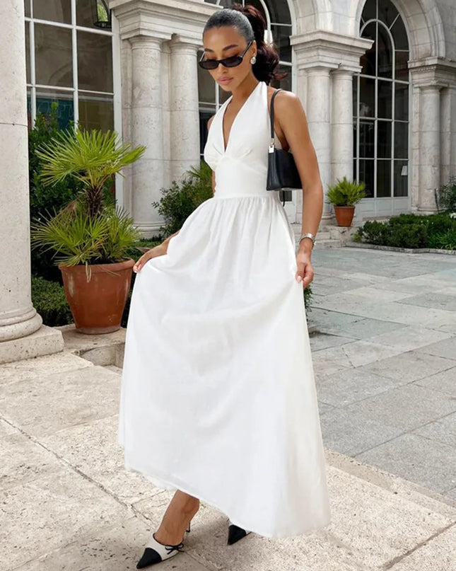 Women's V-Neck Long Cotton Camisole Dress with Waist Cinch