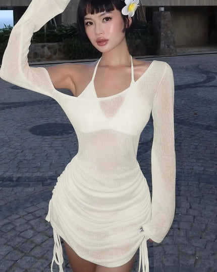 Women's Ruched Straps Lace-Up Sheer See-Through Drawstring Mini Dress