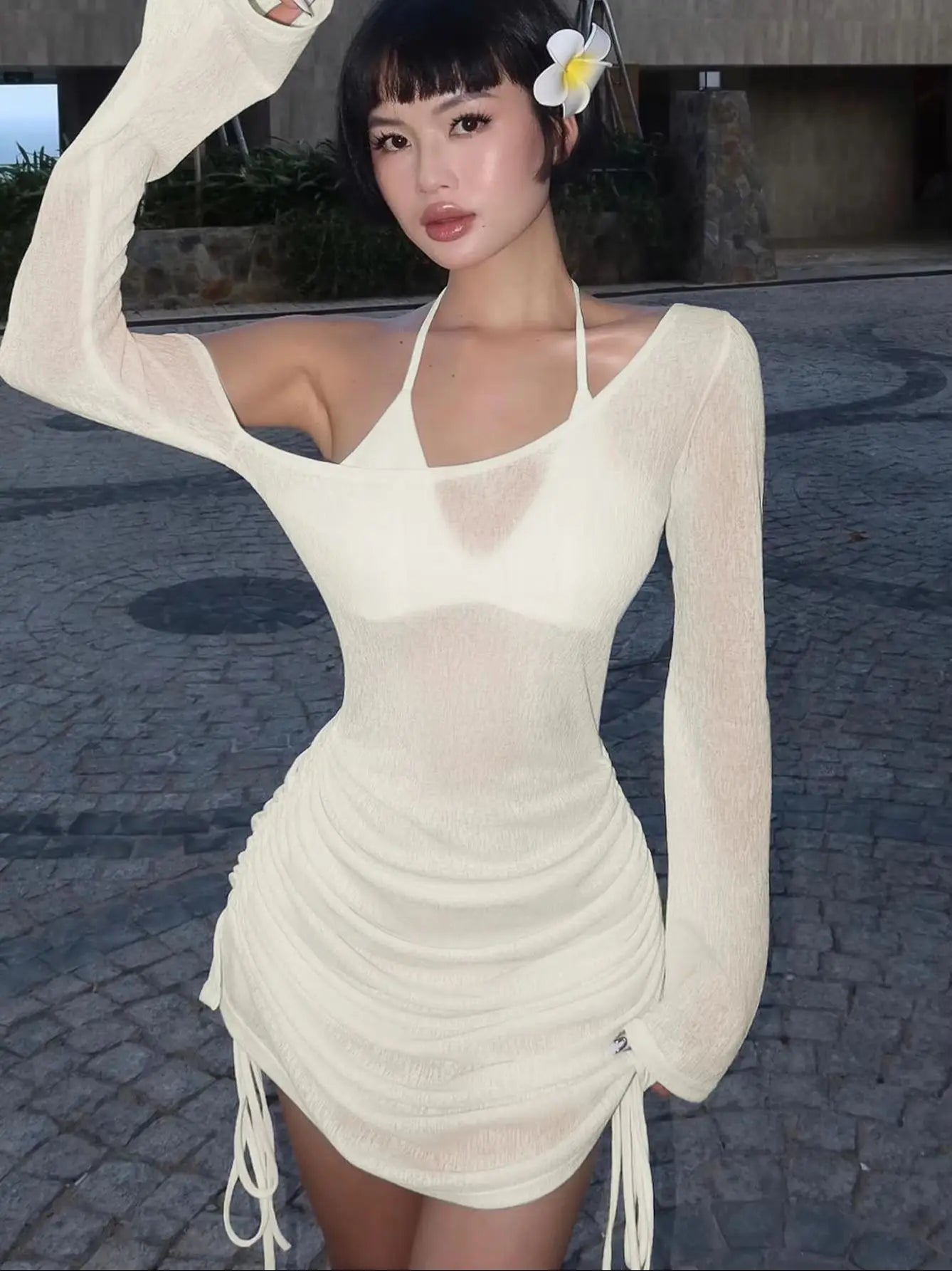 Women's Ruched Straps Lace-Up Sheer See-Through Drawstring Mini Dress