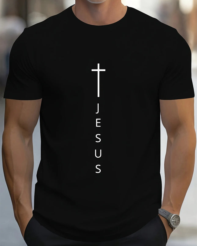 Men's 100% Cotton Casual T-Shirt with Large Cross and Jesus Letter Print