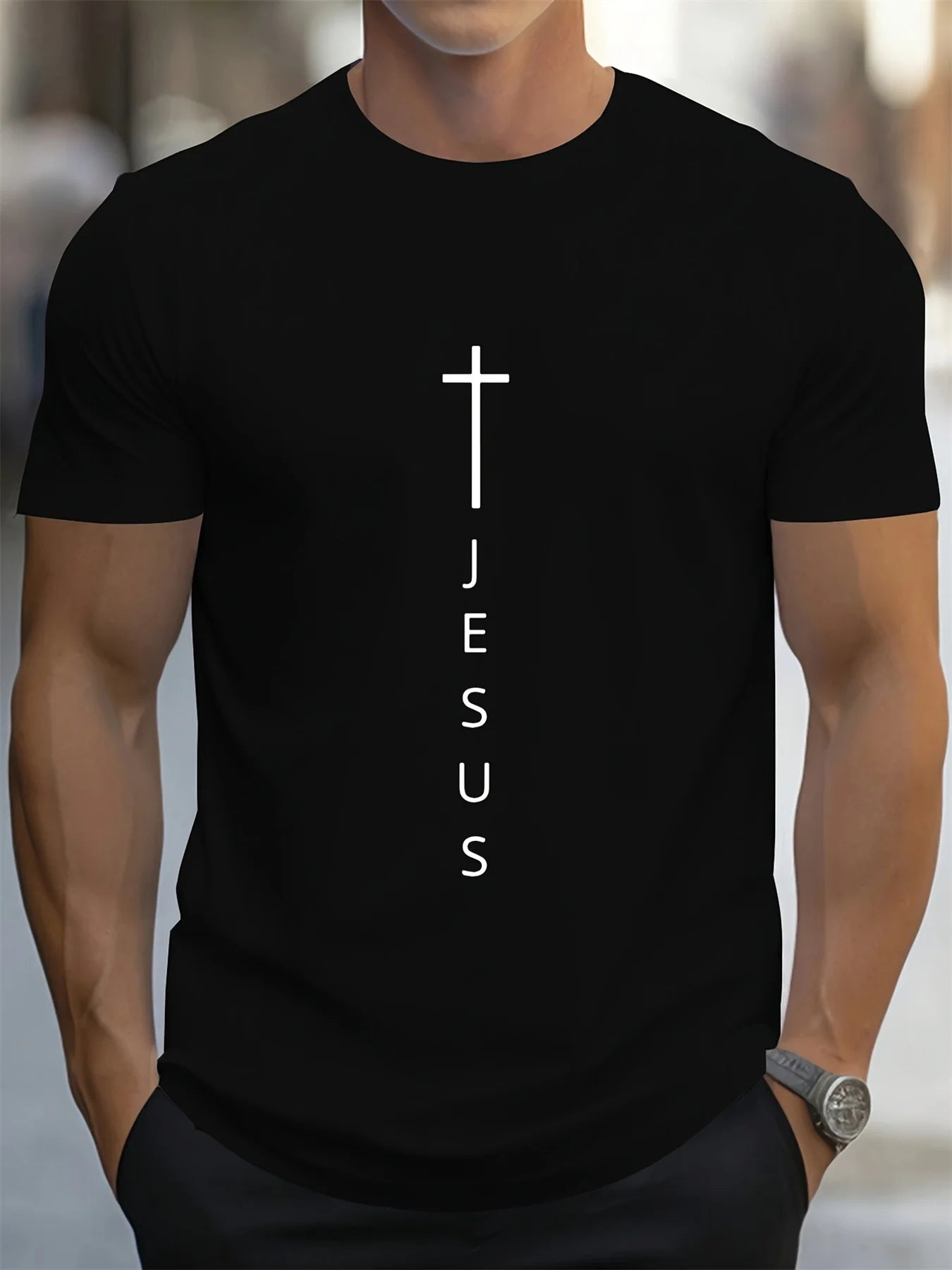 Men's 100% Cotton Casual T-Shirt with Large Cross and Jesus Letter Print