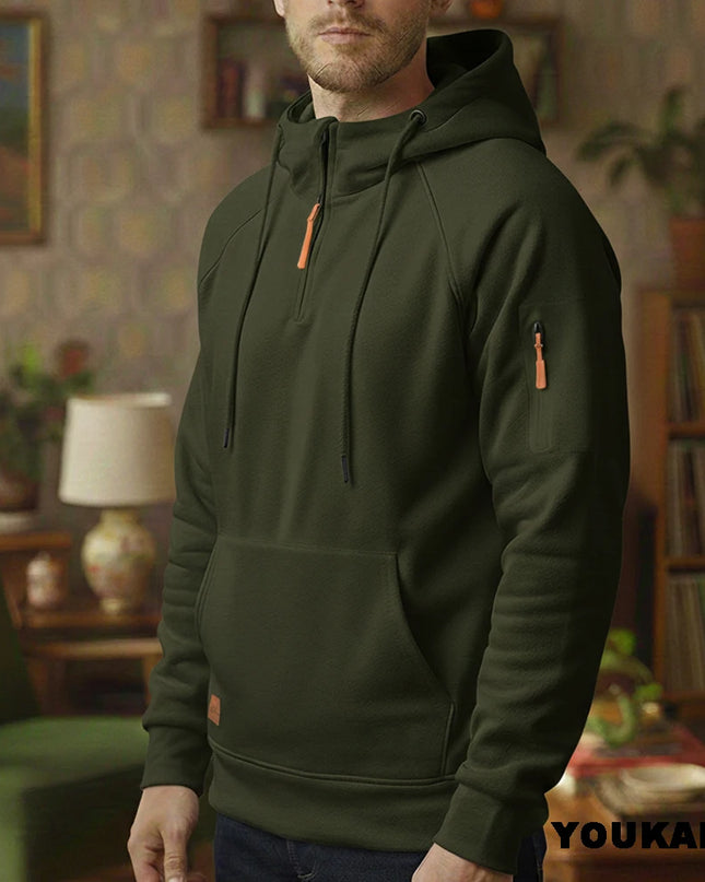 Men's Retro Hooded Sweatshirt with Long Sleeves, Zipper, Multiple Pockets