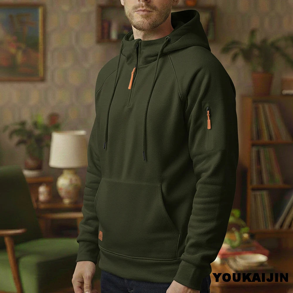 Men's Retro Hooded Sweatshirt with Long Sleeves, Zipper, Multiple Pockets