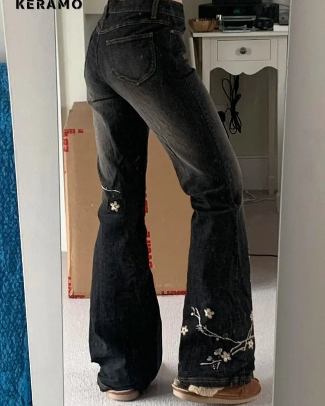 Keramo Women's Plant Embroidery Flare Jeans - Vintage Denim Trousers for Women