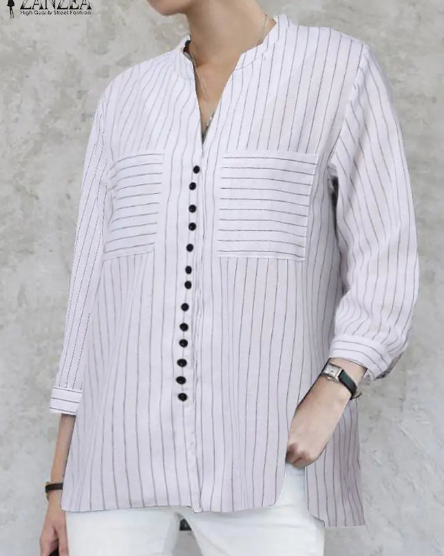 ZANZEA Women's Vintage Striped Blouse - 3/4 Sleeve Loose-Fitting Button-Up Shirt