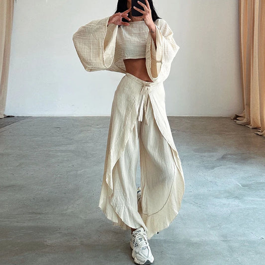 Women's Cotton Linen 2-Piece Long Sleeve Crop Top & Lace-Up Ruffle Pants Set 