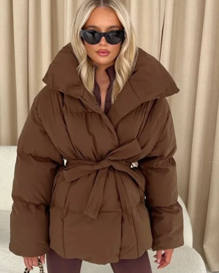 Women's Cotton-Filled Coat with Lapel Tie and Waist Cinching