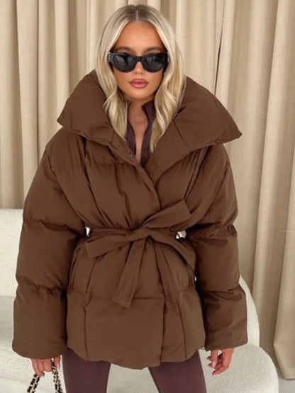 Women's Cotton-Filled Coat with Lapel Tie and Waist Cinching