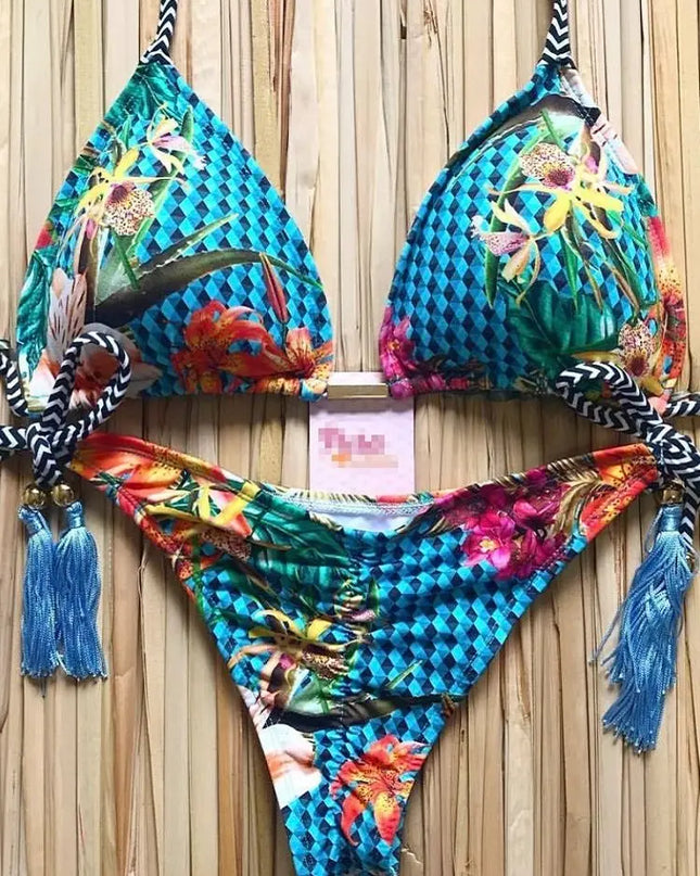 Feather Print Micro Bikini Set for Women – Stylish Bandage Swimwear