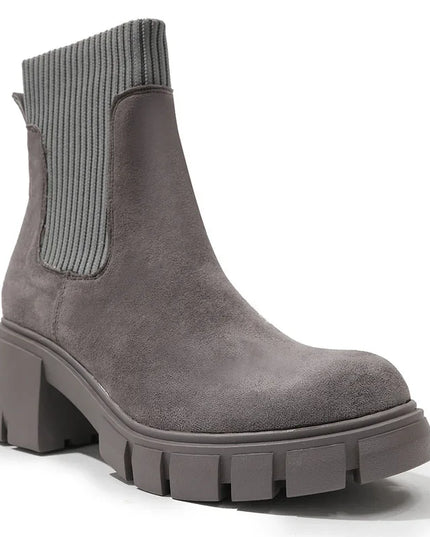 Women's Square Heel Ankle Boots with Thick Sole, Round Toe Faux Suede