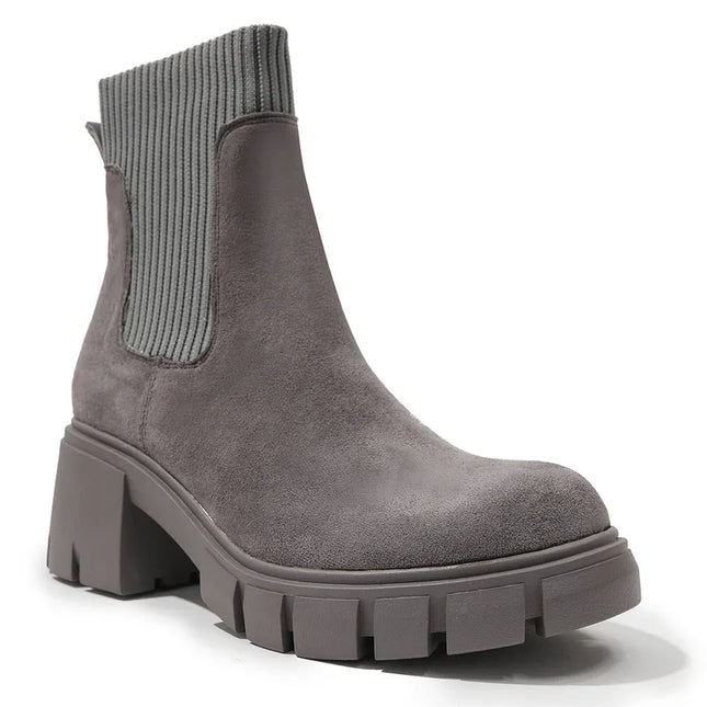 Women's Square Heel Ankle Boots with Thick Sole, Round Toe Faux Suede