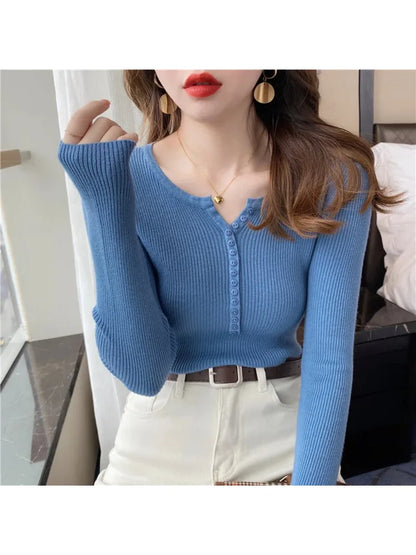 Women's Slim Fit Long Sleeve Knitted Sweater with Elastic Fit