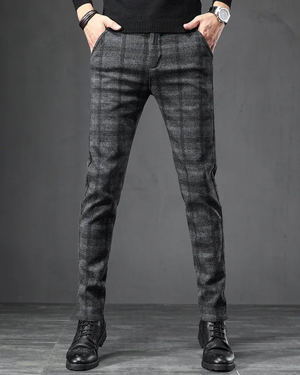 Men's Slim Fit Elastic Waist Brushed Plaid Pants