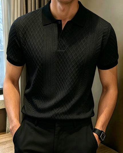 Men’s Jacquard Polo Shirt with Short Sleeves, Ribbed Collar, and 2-Button Placket