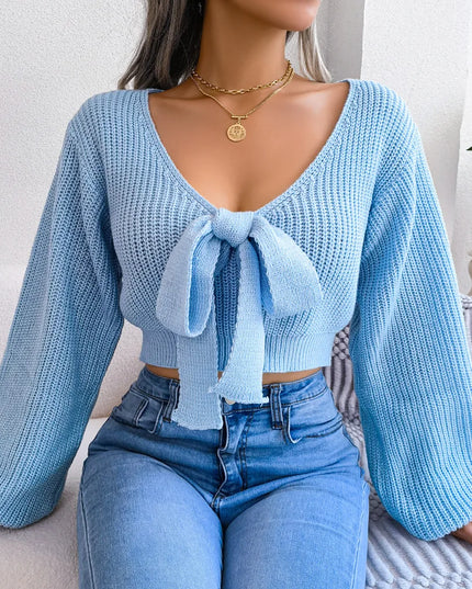 Bow Tie Sweater for Women with Puff Sleeves