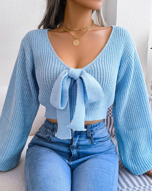 Bow Tie Sweater for Women with Puff Sleeves