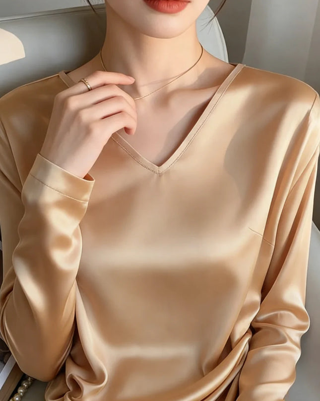 Women's Satin Feel V-Neck Long Sleeve Loose Elegant Blouse