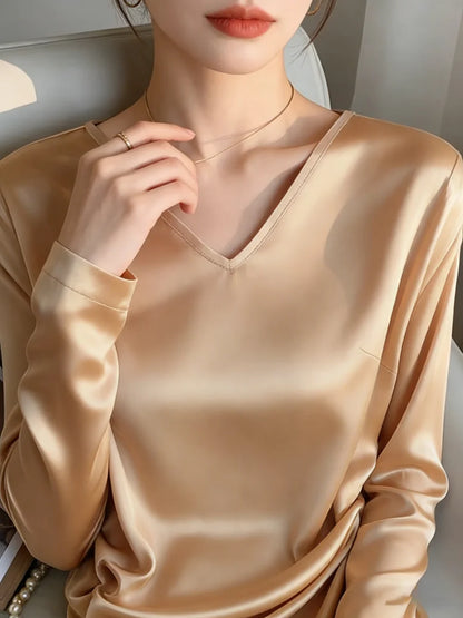 Women's Satin Feel V-Neck Long Sleeve Loose Elegant Blouse
