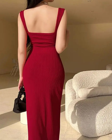 Women's Ribbed Square Neck Bodycon Maxi Dress - Slim Fit