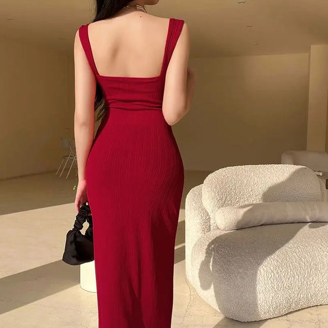 Women's Ribbed Square Neck Bodycon Maxi Dress - Slim Fit