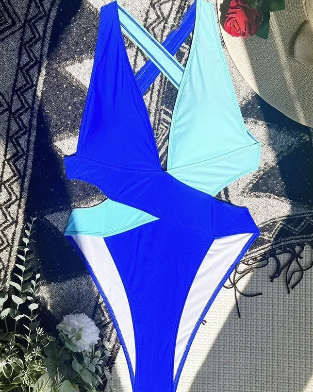 Women's Deep V Neck Cross Backless One-Piece Swimsuit - High Cut, Stylish & Flattering Swimwear