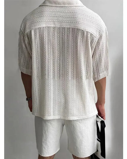 Men's Loose Fit Short-Sleeved Knitted Shirt with Jacquard Collar and Hollow Design