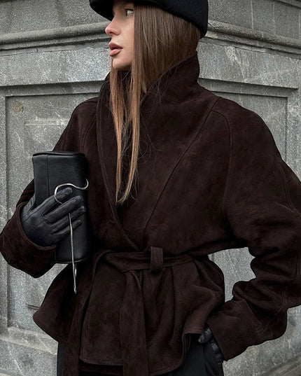Women's Retro Faux Suede Long-Sleeved Jacket with Belt Tie