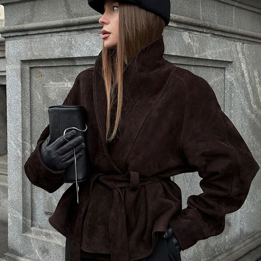 Women's Retro Faux Suede Long-Sleeved Jacket with Belt Tie