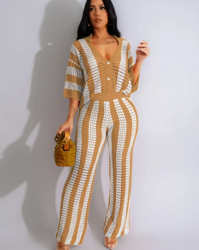 Women's Knitted 2-Piece Set - Short Sleeve Button Top & Loose Crocheted Pants