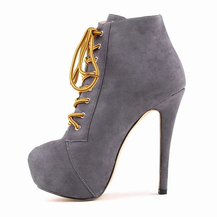 Women's Platform Boots with Side Zipper - High Heels With Lace-Up Design