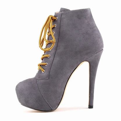 Women's Platform Boots with Side Zipper - High Heels With Lace-Up Design