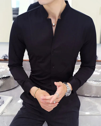 Slim Fit Long Sleeve Stand Collar Shirt for Men - Various Colors