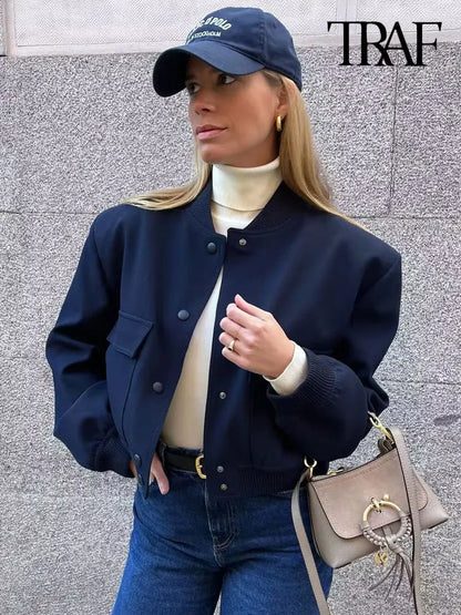 TRAF Long Sleeve Women's Front Button Jacket with Vintage Style and Pockets